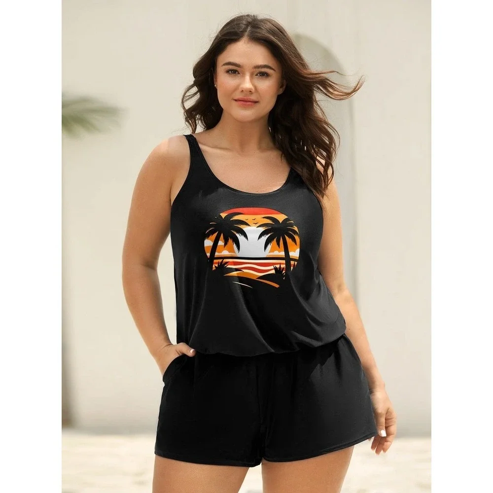 NEW Bloomchic Black 18-20 / 2X Romper Island Pattern Pockets One-Piece Swimsuit